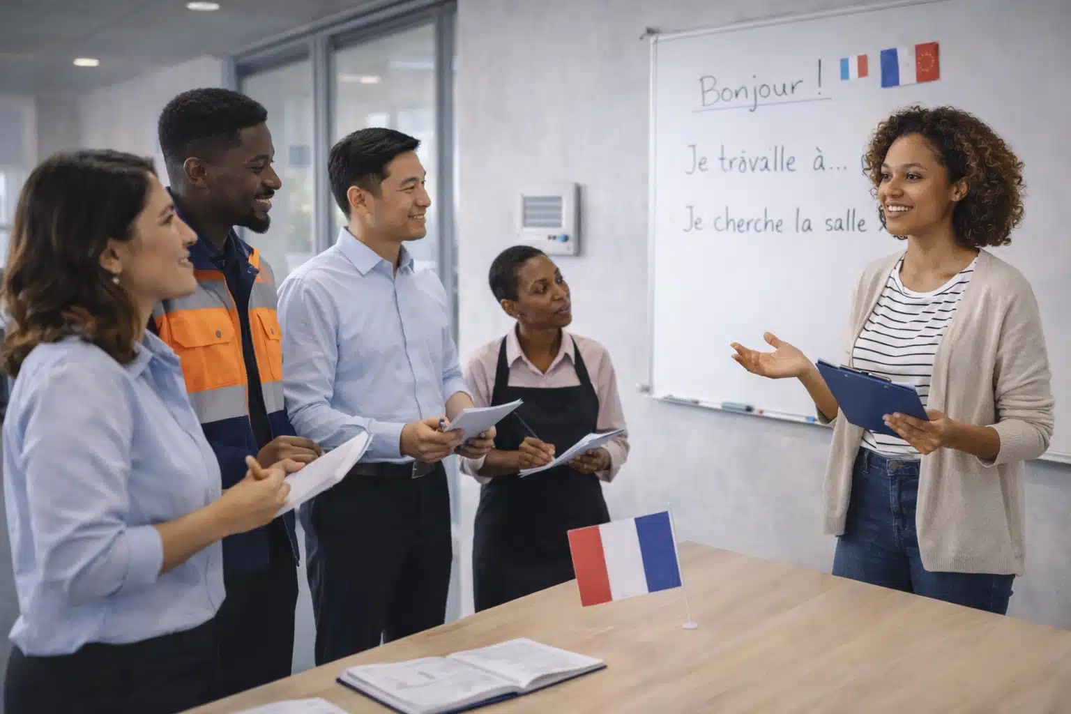 Cours de français en groupe avec une formatrice
